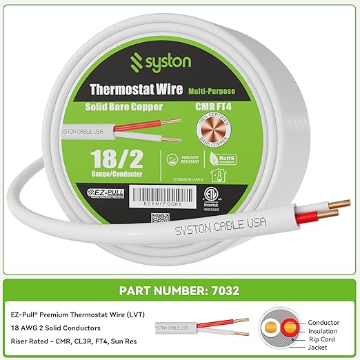 Syston 18/2 Thermostat Doorbell HVAC Heating Control Cable Wire, 18 AWG 2 Conductors 100% Solid Copper Conductors CL3R/FT4/CMR Riser-Rated, UV Resistant RoHS for Low Voltage Applications Use