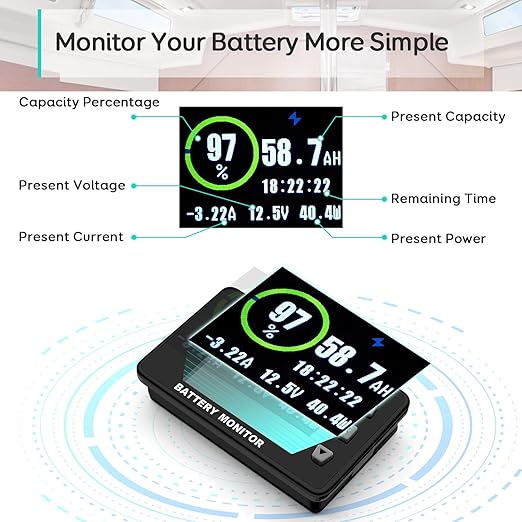 LNEX 500A Shunt Battery Monitor, 2.4" Color Screen RV Monitor with 16ft Shielded Wire, Support High Low Voltage Programmable Alarm for 8-100V Lifepo4, Lithium Sealed, Gel, Flooded Battery