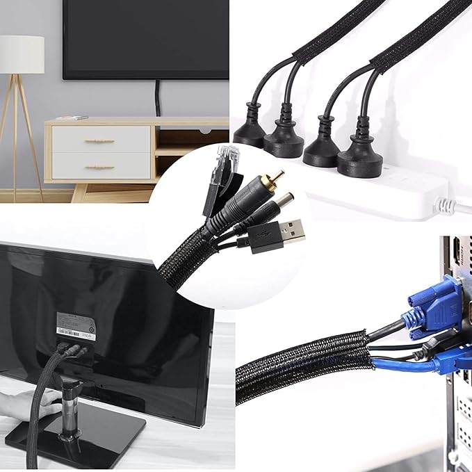 QCSIW 25ft - 1/2 inch Cord Protector, Split Sleeve Cable Management, Heavy Duty Wire Loom Tubing for Power Cords/USB/Audio Video – Pet Proof Chew Resistant Sleeving - Black
