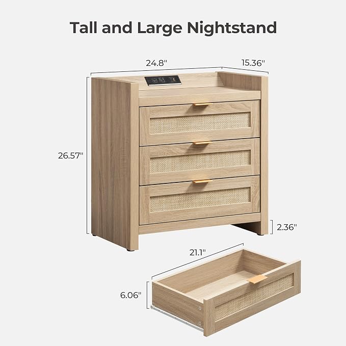 SICOTAS Rattan Nightstand for Bedroom, Tall Bedside Table - Image 2