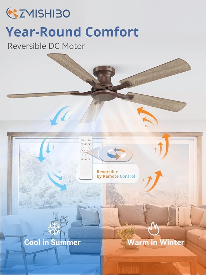 ZMISHIBO 52 Inch Ceiling Fan No Light, Flush Mount Low Profile, Farmhouse Brown Ceiling Fan Without Light, Remote Control & Quiet DC Motor, for Indoor&Outdoor, Bedroom, Living Room
