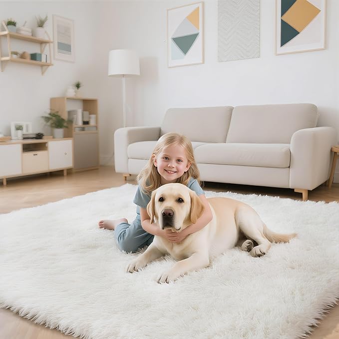 White 8x10 Area Rugs for Living Room, Fluffy Shag Rug Large Bedroom Carpet | - Image 5