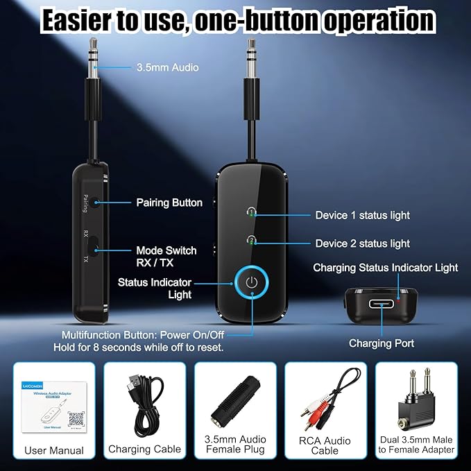 Premium Pro Bluetooth 5.4 Transmitter Receiver,Airplane Audio Adapter,Wireless Transmitter for TV/Travel Flight,Airline,Gym.Compatible with 2 AirPods/Headphones,Bluetooth Receiver for Car/Home Stereo