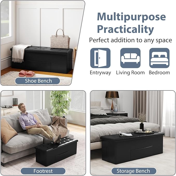 Giantex 43 Inches Folding Storage Ottoman Bench, Upholstered PU Leather Storage - Image 7