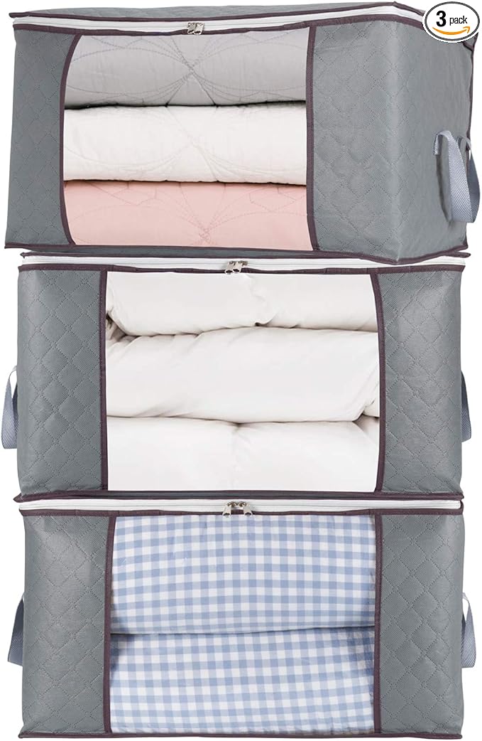 combocube 3Pcs Zippered Storage Bag for Closet King Comforter, pillow, quilt, bedding, Clothes, Blanket Organizers with Large Clear Window & Carry Handles Space Saver