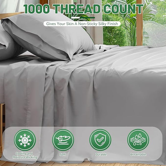 100% Egyptian Cotton Sheets King Size 4PCS 1000 Thread Count Sateen Weave Soft Breathable 16-Inch Deep Pocket （King,Grey）
