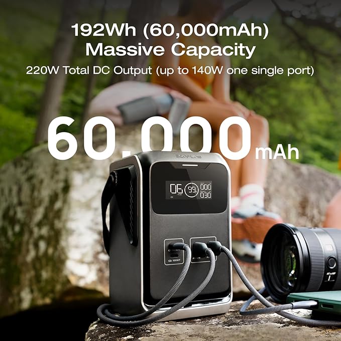 EF ECOFLOW TRAIL 200 DC Portable Power Station with Camping Lamp, 192Wh LiFePO4 Battery, 220W DC Output, Compact Power Bank for Camping, Travel, Outdoors, and Emergency Use