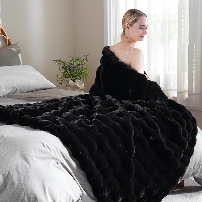 BENVWE Faux Fur Throw Blanket for Couch - Thickened Fluffy Soft Bubble Blanket for Living Room Home Decor - Fathers Day Birthday Gifts for Women Men, Black, 50" x 60",1300GSM