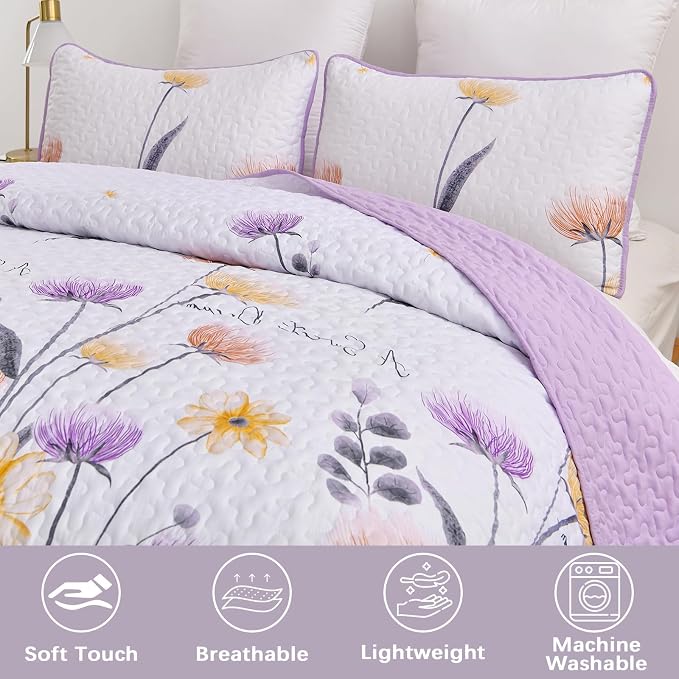 Dinjoy Floral Quilt Set Queen, 3 Pieces Purple Flower Bedspread Coverlet | Soft - Image 2