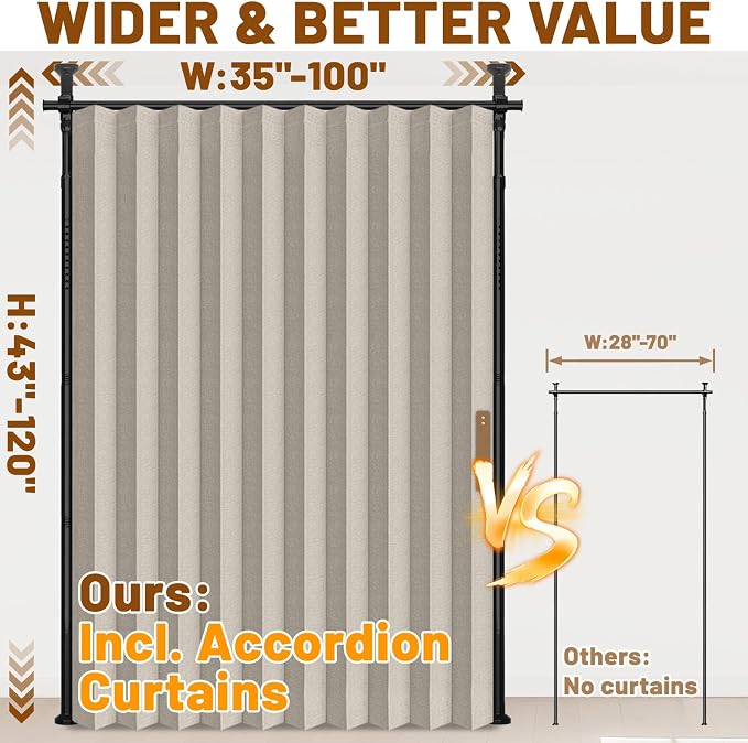 AJAZZ Room Divider Curtain+ Curtain Rods No Drilling Adjustable Tension 43-120× - Image 2