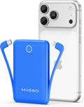 miisso 10000mAh Mini Portable Charger with Built in Cable, Pocket Size Power Bank Travel External Battery Pack for Phone, 3 Output USB Type C Cord Clutch Compatible with iPhone, Samsung, Deepblue