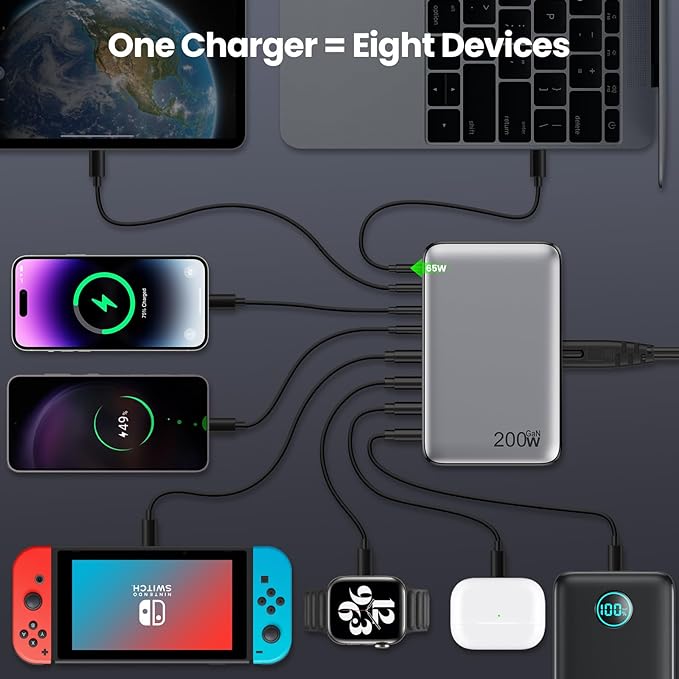 USB C Charger 200W USB C Charger Block,Upgraded GaN III 8-Port Fast Charging Station Hub,PD 65W Laptop Charging Adapter Compatible with MacBook Pro/Air,DELL,Steam Deck,iPhone 16/15/14,Galaxy S23/22