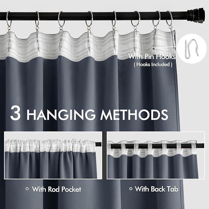 MIULEE Stone Blue Back Tab Blackout Curtains 52x90 Inch Long 2 Panels Set | Rod - Image 3