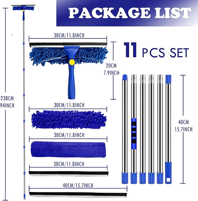 Window Cleaner Squeegee Kit - 2.38M (94ft) Cleaning Equipment with Long Handle 3 in 1 Extendable Window Cleaning Tool for High Windows,Glass,Home,Wall and Car