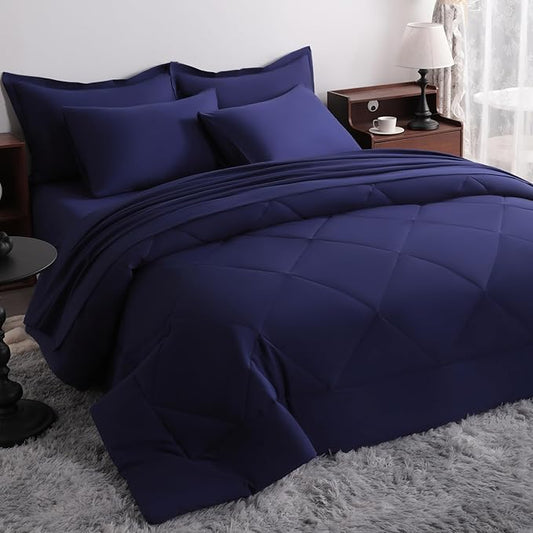 NTBAY King Comforter Set with Sheets, 7 Pieces Soft and Breathable King Bedding Set, Bed in a Bag, Down Alternative Comforter Set Solid Color All Season, Navy Blue
