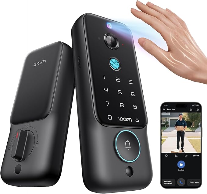 Lockin Veno Plus Smart Lock with 2K 180° Security Camera & Video Doorbell, AI Local Storage, Palm Vein/Fingerprint Keyless Entry Door Lock, Smart Locks for Front Door Bulit in Wi-Fi, App Control