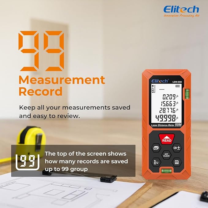 Elitech Laser Measuring Tool 165ft, Digital Laser Tape Measure with Dual Bubble Levels, 99 Data Memory & Mute, Ft/In/M High Precision Measuring Tool for Home Renovation & Decoration (Battery Included)
