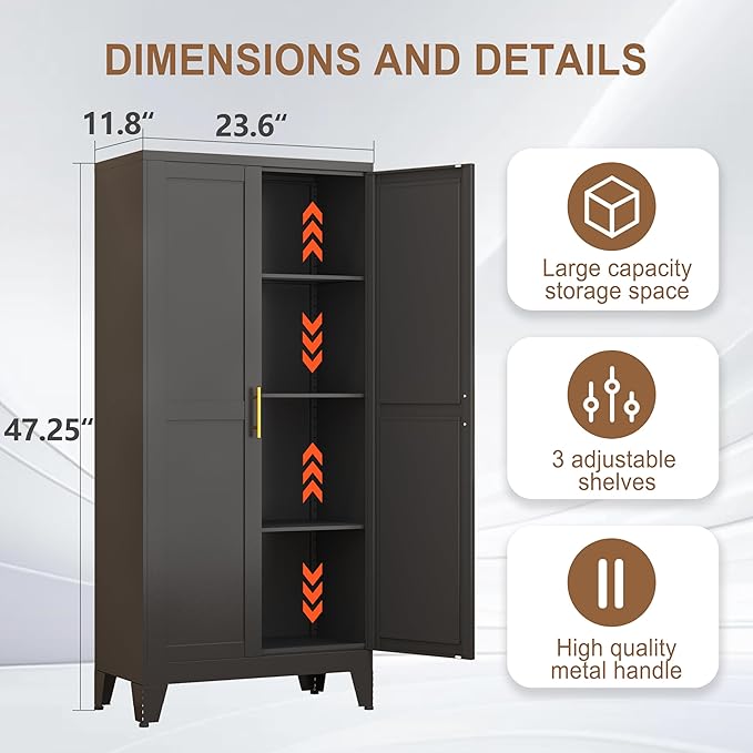 Metal Kitchen Pantry Storage Cabinet with 2 Doors and 3 Adjustable Shelves,Pantry Cabinet with Adjustable Leveling Foot for Kitchen, Living Room, Dining Room（Black）