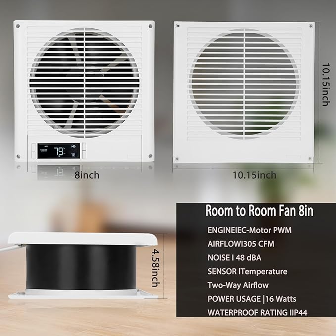 Qnemaei 8" Through Wall Fan 305 CFM, Room to Room Air Transfer Fan, Reversible Airflow Design, Programmable Timer, Quietly Circulating Air for Home, Office, Closet, Laundry Room & More