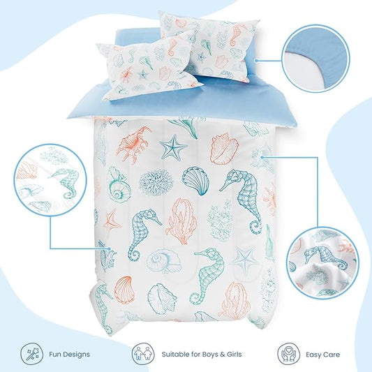 Kids Bedding Set for Girls Boys, Ultra Soft Microfiber Comforter Set Twin Size with 3-Pieces, Seashell Ocean Comforters Bed Sets for Kid Children Teen Tween Bedroom Decor