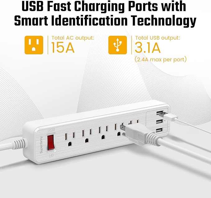Power Strip, SUPERDANNY Surge Protector, 5 Outlets, 3 USB Ports, 4.5 Ft - Image 2