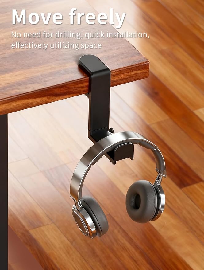 STEARBOR Headphone Hook，Under Desk Headphone Holder，PC Gaming Headset Holder，with 360 Degree Swivel & Cable Clip Organizer (Black)