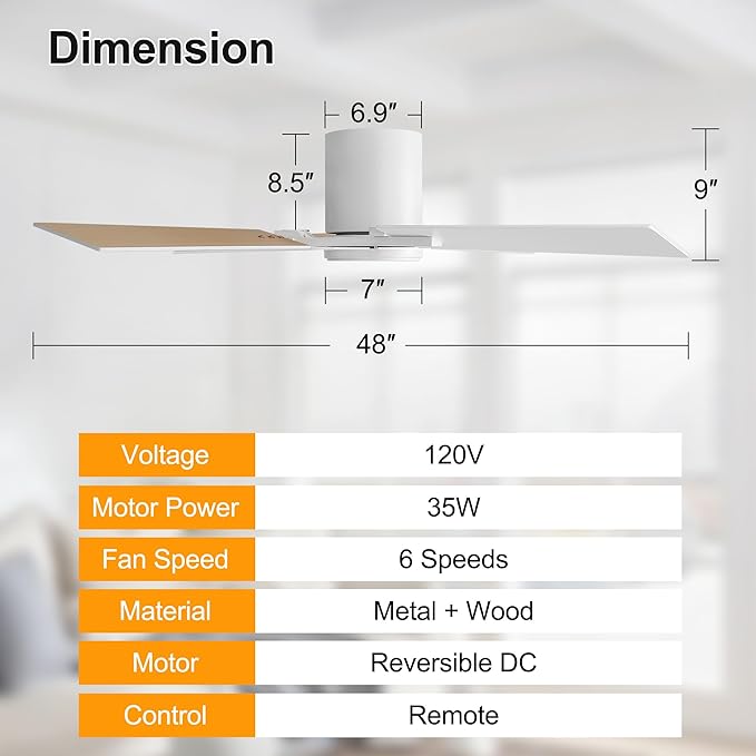 WINGBO 48 Inch Flush Mount Ceiling Fan without Light - 4 Plywood Blades, 6-Speed Reversible DC Motor, Noiseless Low Profile Ceiling Fan No Light for Bedroom Living Room, White and Oak/White