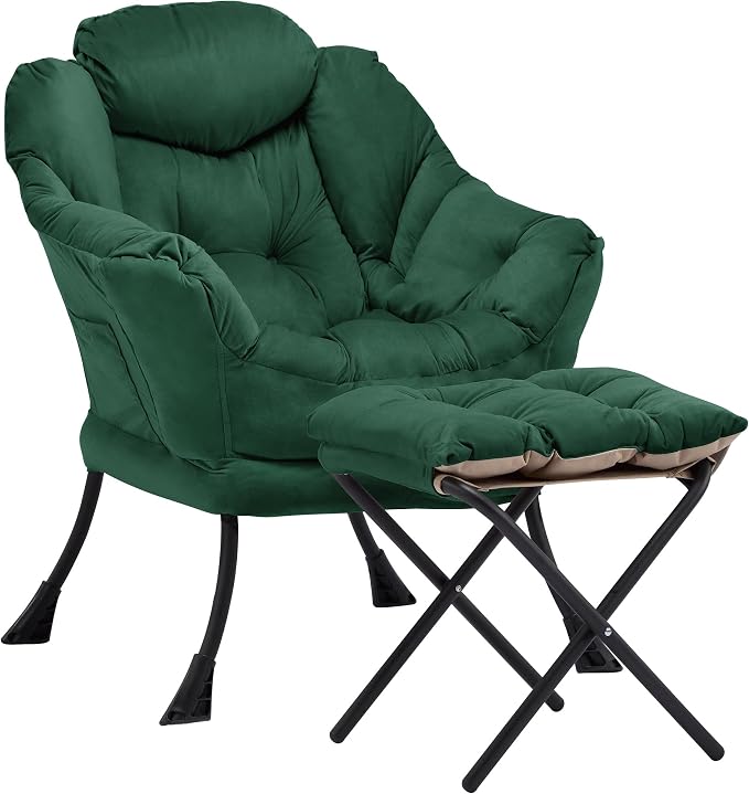 Lazy Chair with Ottoman, Comfy Reading Chair, Emerald Green | Cushioned Seat by Aunekiv