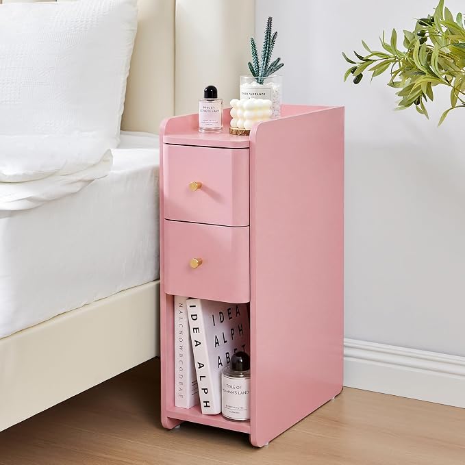 Narrow Nightstand Set of 2, Wooden Small 2 Drawer Nightstand, Slim Side End - Image 7