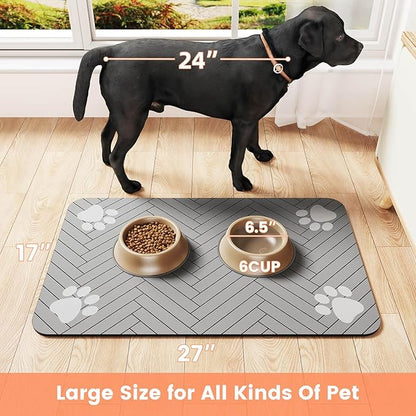 Pet Feeding Mat-Absorbent Pet Placemat for Food and Water Bowl, with Waterproof Rubber Backing, Quick Dry Water Dispenser Mat for Dog and Cat (27"x17", Striped Light Gray)