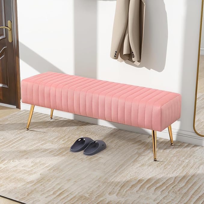 44 Inch Velvet Bench, Upholstered Tufted Striped Fabric Bedroom Bench - Image 2