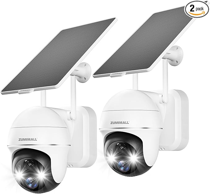 ZUMIMALL Security Cameras Wireless Outdoor - 2 Packs, 360°View Outdoor Camera Wireless Solar Powered,2.4G WiFi, Spotlight/Siren//3MP Color Night Vision/AI Detection/IP66/Cloud/Alert, Work with Alexa