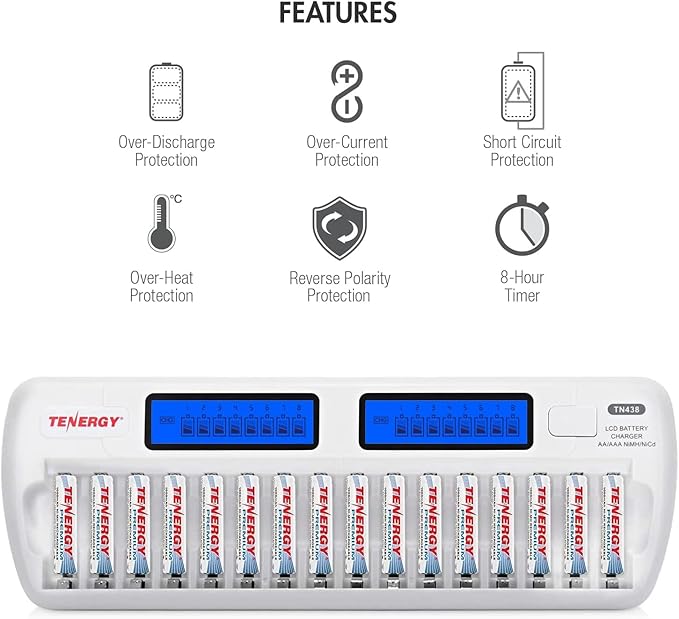 Tenergy TN438 16-Slot Smart Battery Charger for AA AAA NiMH NiCd Batteries with LCD Display + 8 AA and 8 AAA Premium Rechargeable Batteries