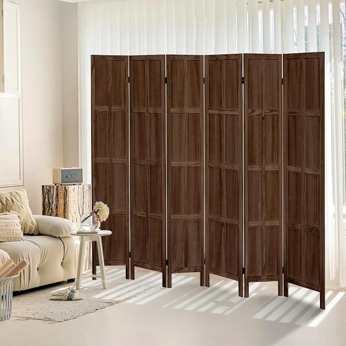 6 Panel Solid Wood Room Divider Folding Privacy Screen Brown | Freestanding by ALeesing