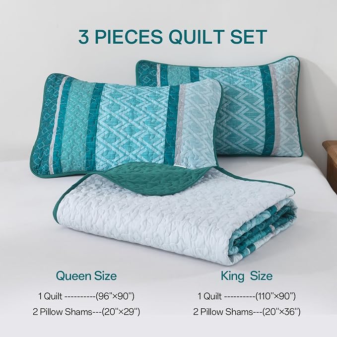 Dinjoy Boho Quilt Set, Turquoise Bedspread Queen Size, Striped Plaid Spring - Image 6