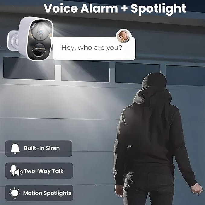 2025 Upgraded 2K Wireless Security Camera with 64G SD Card, Free Cloud Storage, 1-6 Month Battery Life, AI Motion Detection, Spotlight, Siren Alarm, 2-Way Audio, Waterproof WiFi Surveillance Camera
