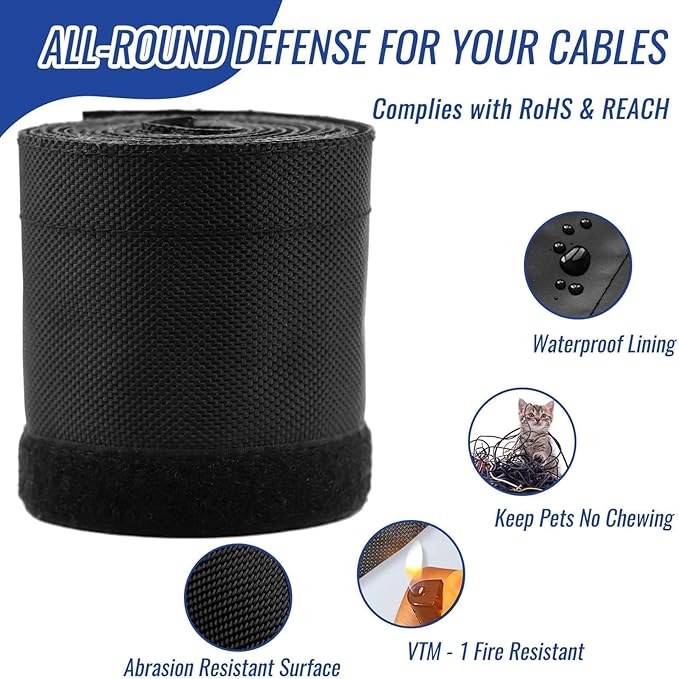 Flauzmann 3/4" - 6.6FT Hook and Loop Cable Sleeve, Dog Cat Cord Protector Waterproof Split Sleeving for USB Computer Office Automotive Audio Cables - Protects Cables from Pets Chewing - Black