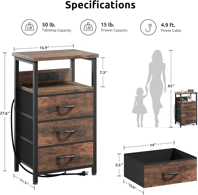 Lazzanto Night Stand with Charger Station, 3 Fabric Drawers, Bedside Table - Image 2