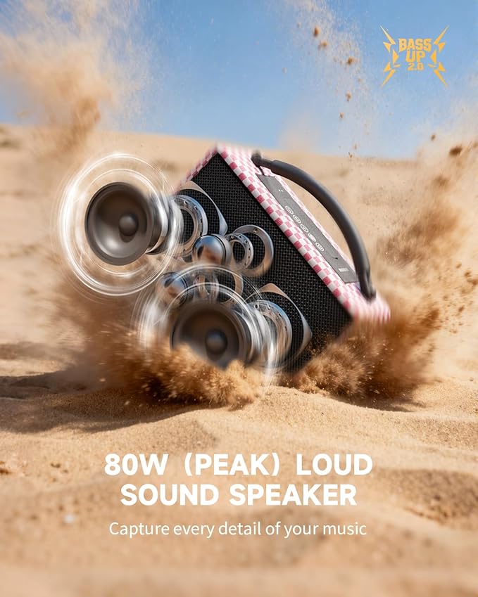 DINDIN Portable Bluetooth Speaker： 80W (Peak), 20H Playtime, Wireless Big Wood Boombox with Deep Bass, Subwoofer, TWS, Large, Loud Speaker for Party, Outdoor, Backyard, Beach, Home,Gift（Pink+White）