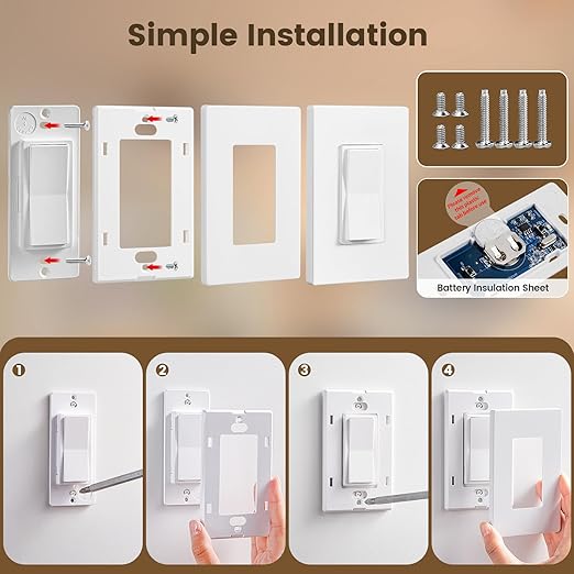 SURAIELEC 3-Way Wireless Remote Control Light Switch & Receiver Kit, 15A RF Wall Switch, 100ft Range, Ultra-Thin Design, Push-in Wiring, Expandable System for Lighting, Lamp (Neutral Wire Required)
