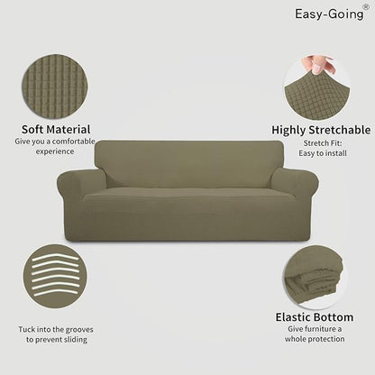 Easy-Going Stretch Oversized Sofa Slipcover 1-Piece Sofa Cover Furniture Protector Couch Soft with Elastic Bottom for Kids, Polyester Spandex Jacquard Fabric Small Checks Khaki