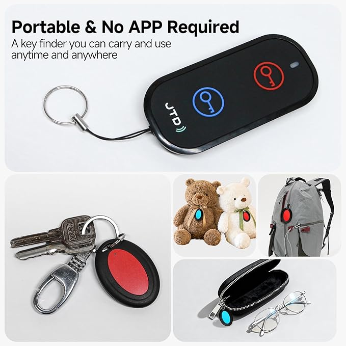 JTD Key Finder Locator with Sound, Remote Finder - 2 Receivers, 1 Car Tracker Keychain,85dB Loud, 131ft Range Tracker for Keys, Wallet, Pet,TV Remote Control - No App Needed Item Finder for Home