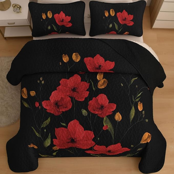 Mybedsoul Floral Quilt Set Queen Size, 3 Pieces Black Bedspread Coverlet Set - Image 3