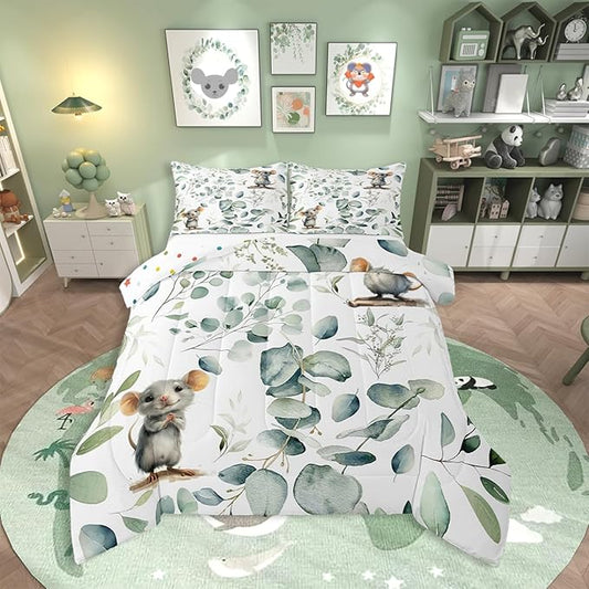 Erosebridal Kids Cute Animal Bedding King Size for Girls Boys Cartoon Mouse Comforter Set King, Spring Eucalyptus Duvet Insert Watercolor Leaves Quilt Set, Kawaii Animal Mice Bedding Comforters & Sets