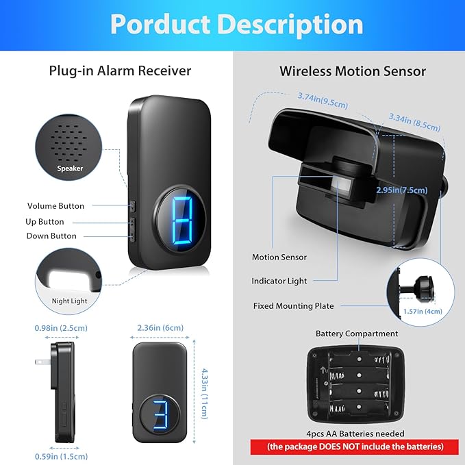 Wireless Driveway Alarm, Outdoor Weatherproof Motion Sensor & Detector with 600ft Range, Microwave Infrared Home Security Alert System for Driveway/Garage/Indoor/Outdoor