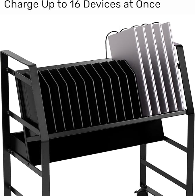 Line Leader 16-Device Mobile Charging Station | Steel Rolling Cart for Laptops, Tablets, & Chromebooks | Open Design with Dividers & UL-Certified Surge Protection | Portable Charging Stand (Black)