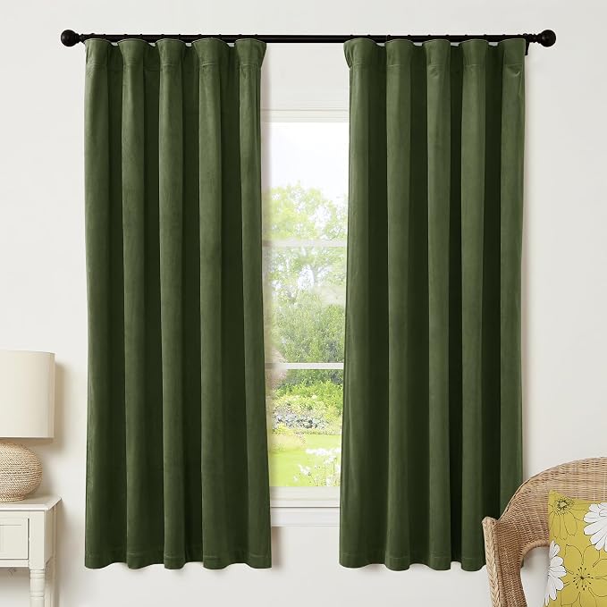 RYB HOME Olive Green Velvet Curtains - Image 3