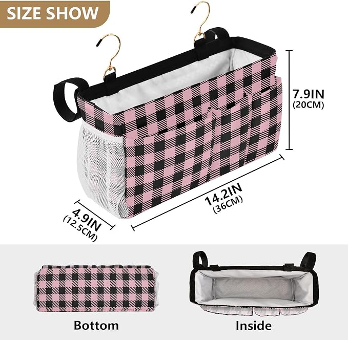 Buffalo Plaid Check Pink Print Bedside Caddy Storage Bag Bedside Organizer - Image 4