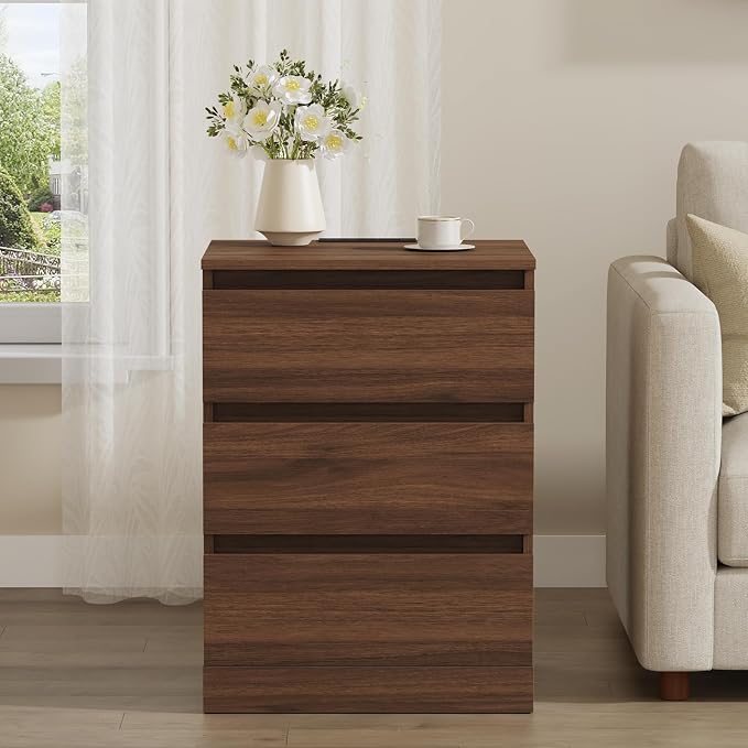 Nightstands Set of 2 with Charging Station and Drawer, Walnut | Bedside Tables - Image 4