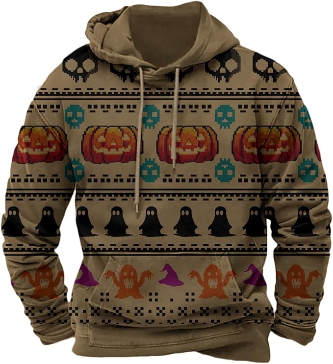 Halloween Hoodie Men Graphic Pumpkin Ghost Printed Sweatshirt Casual Trendy Long Sleeve Halloween Hooded Tops with Pockets
